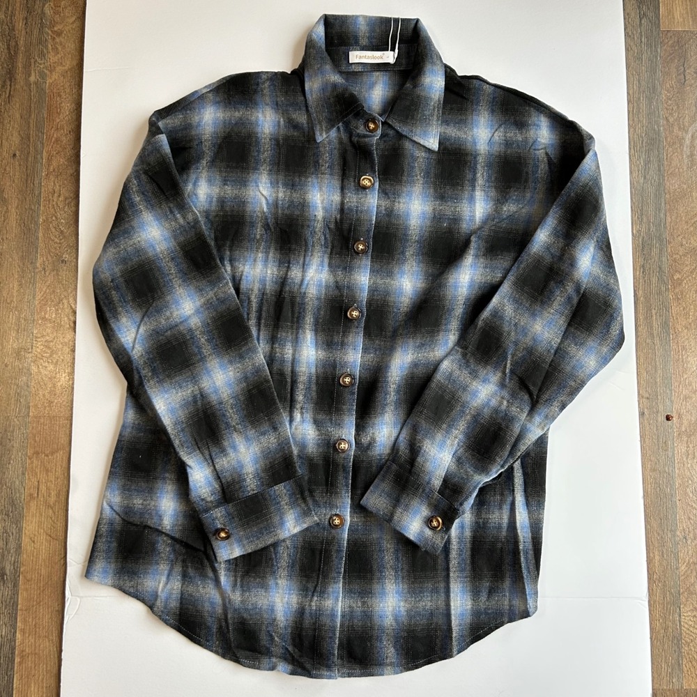Fantaslook NWT Button Down Shirt‎ Plaid Oversized Large Blue Women